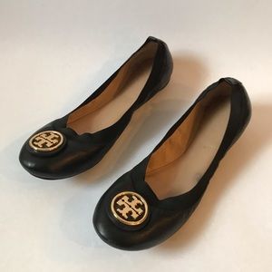 Tory Burch 6 1/2 Black Leather Stretch Flats
